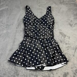 Younique Swimsuit Womens Small Black White Polka Dot Skirt One Piece Retro Swim